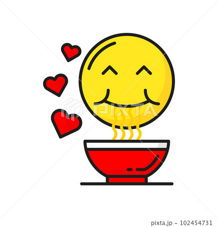 Asian cuisine food, noodles and smiling sun with hearts, tasty yummy pasta in bowl. Vector handmade ramen udon, stir fry pasta noodles Asian cuisine food, noodles and smiling sun with hearts, tasty yummy pasta in bowl. Vector handmade ramen udon, stir fry pasta noodles 102454731