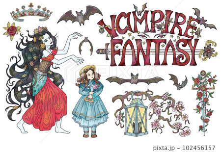 Design vector set with colorful fantasy illustrations of vampire princess, bats and old victorian decorations. Halloween collection with gothic and esoteric symbols. 102456157