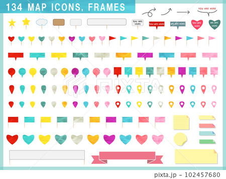 カラフルな水彩調の地図アイコン、フレーム、マップピンの背景なしベクターイラストセット 102457680