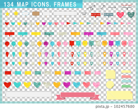 カラフルな水彩調の地図アイコン、フレーム、マップピンの背景なしベクターイラストセット 102457680