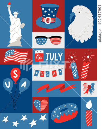 Vertical graphic poster with national symblos of USA independence day. Geometric greeting card for 4th of July. Patriotic elements in flat cartoon style. Retro vintage colors. Vector illustration. 102457901