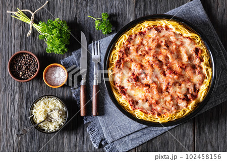 baked spaghetti with ground beef, sauce, cheese baked spaghetti with ground beef, sauce, cheese 102458156