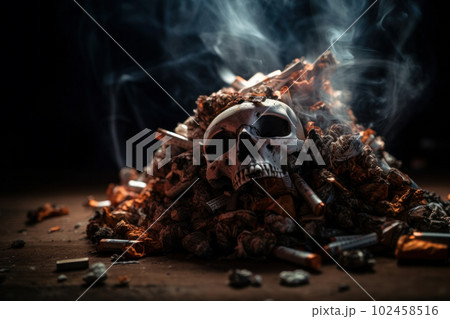 A haunting portrayal of a human skull surrounded by smoke and cigarettes, representing the lethal effects of smoking on the respiratory system, created by AI Generative for health awareness campaigns. 102458516