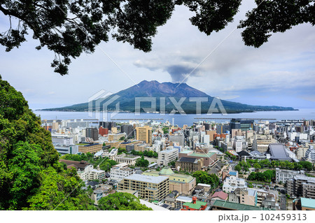 城山公園展望台から見る桜島と鹿児島市の街並み 102459313
