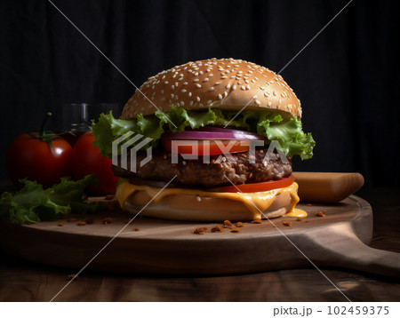 Appetizing Hamburger on a Wooden Table. Generative AI. 102459375
