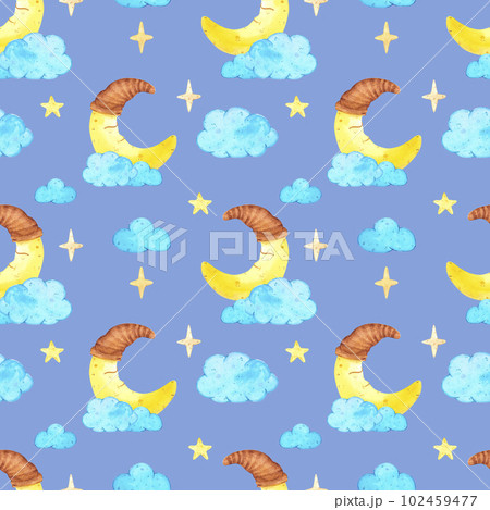 Hand drawn watercolor blue clouds with smiling crescent moon seamless pattern. Isolated on blue background. Can be used for children's textile, gift-wrapping, fabric, wallpaper. 102459477