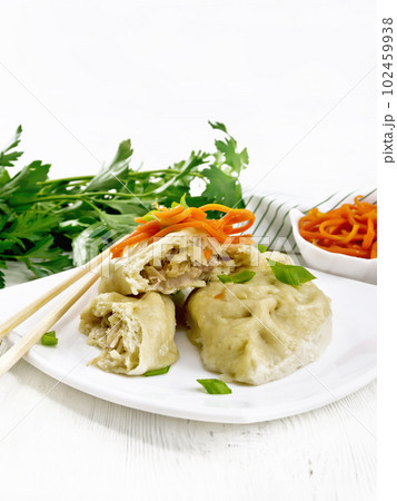 Patties pegodi with spicy carrots in plate on white board 102459938