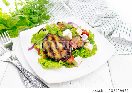 Salad of eggplant with cheese and tomatoes on light board Salad of eggplant with cheese and tomatoes on light board 102459976