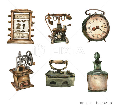Watercolor illustration set of old rusty elements. An old rusty enamel element. Hand drawn in watercolor on a white background. Perfect for wedding invitation, greetings card, posters, party decor. 102463191