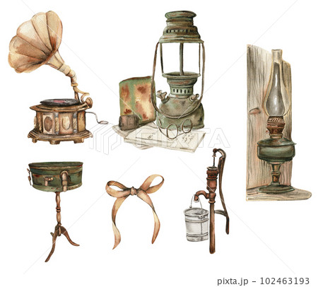Watercolor illustration set of old rusty elements. An old rusty enamel element. Hand drawn in watercolor on a white background. Perfect for wedding invitation, greetings card, posters, party decor. Watercolor illustration set of old rusty elements. An old rusty enamel element. Hand drawn in watercolor on a white background. Perfect for wedding invitation, greetings card, posters, party decor. 102463193