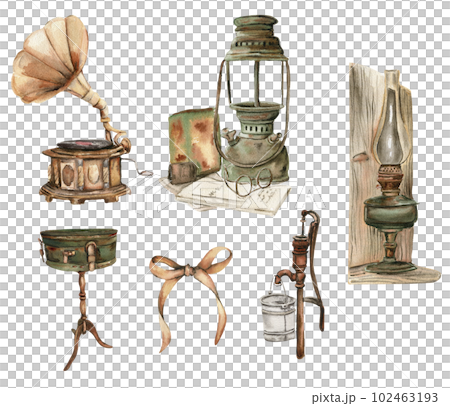 Watercolor illustration set of old rusty elements. An old rusty enamel element. Hand drawn in watercolor on a white background. Perfect for wedding invitation, greetings card, posters, party decor. Watercolor illustration set of old rusty elements. An old rusty enamel element. Hand drawn in watercolor on a white background. Perfect for wedding invitation, greetings card, posters, party decor. 102463193