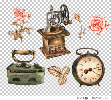 Watercolor illustration set of old rusty elements with roses flowers. Hand drawn with watercolor on a white background. Perfect for wedding invitation, greetings card, posters, party decor. 102463278