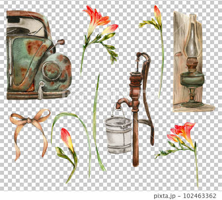 Watercolor illustration set of old rusty elements with freesia flowers. Hand drawn with watercolor on a white background. Perfect for wedding invitation, greetings card, posters, party decor. 102463362