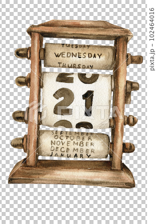 Watercolor illustration of old rusty green calendar. An old rusty enamel element. Hand drawn in watercolour on a white background. Perfect for wedding invitation, greetings card, posters, party decor. 102464016