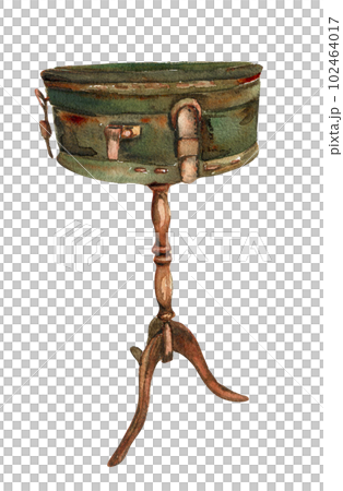 Watercolor illustration of old rusty green table. An old rusty enamel element. Hand drawn in watercolor on a white background. Perfect for wedding invitation, greetings card, posters, party decor. 102464017