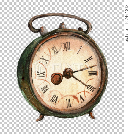 Watercolor illustration of old rusty green clock. An old rusty enamel element. Hand drawn in watercolor on a white background. Perfect for wedding invitation, greetings card, posters, party decor. 102464018