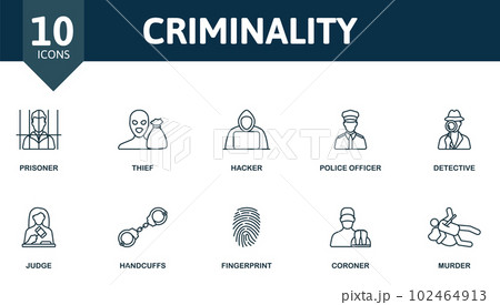 Criminality set. Creative icons: prisoner, thief, hacker, police officer, detective, judge, handcuffs, fingerprint, coroner, murder. 102464913