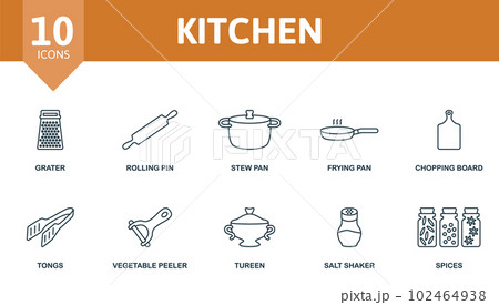 Kitchen set. Creative icons: grater, rolling pin, stew pan, frying pan, chopping board, tongs, vegetable peeler, tureen, salt shaker, spices. 102464938