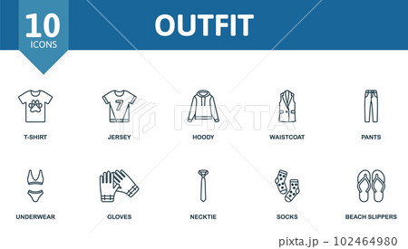 Outfit set. Creative icons: t-shirt, jersey, hoody, waistcoat, pants, underwear, gloves, necktie, socks, beach slippers. Outfit set. Creative icons: t-shirt, jersey, hoody, waistcoat, pants, underwear, gloves, necktie, socks, beach slippers. 102464980