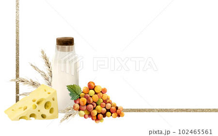 Happy Shavuot watercolor banner illustration. Horizontal template with grapes milk cheese. Picnic barbeque invitation 102465561