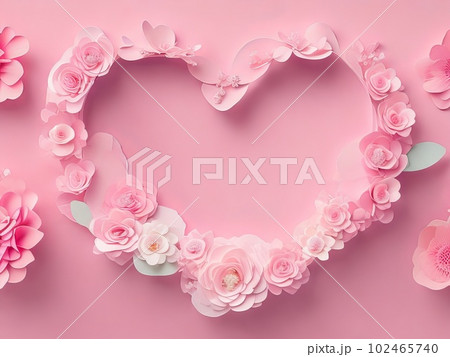Lovely Mother's Day banner with a pink heart. Design of paper flowers with copy space. Generative AI. 102465740