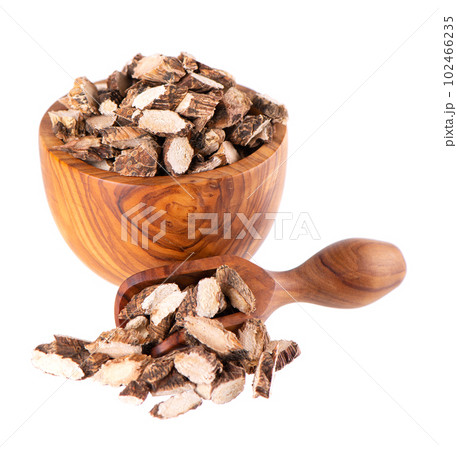 Calamus root in wooden bowl and spoon, isolated on white background. Sweet flag, sway or muskrat root. Dry root of Acorus calamus. Calamus root in wooden bowl and spoon, isolated on white background. Sweet flag, sway or muskrat root. Dry root of Acorus calamus. 102466235