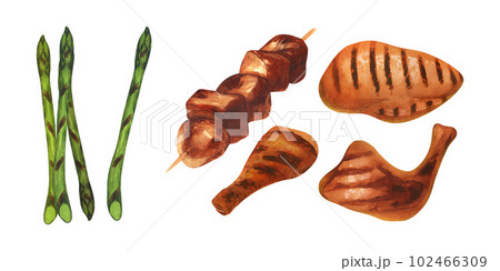 Watercolor set bbq grilled chicken steak, kebab and green asparagus vegetable. Hand-drawn illustration isolated on white background. Perfect for menu butchery food, meat product 102466309