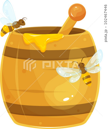 vector illustration of a barrel of honey, bees sitting on a wooden barrel of honey, flying around 102467446