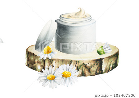 Watercolor bottle of serum, cream with pipette on a wooden saw cut isolated on white background. Beauty products and botany elements, cosmetology and medicine. For designers, spa decoration, postcards 102467506