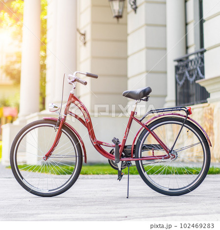 Bike at the summer sunset on the tiled road in the city park. Cycle closeup wheel on blurred summer background. Cycling down the street to work at summer sunset. Bicycle and ecology lifestyle concept. 102469283