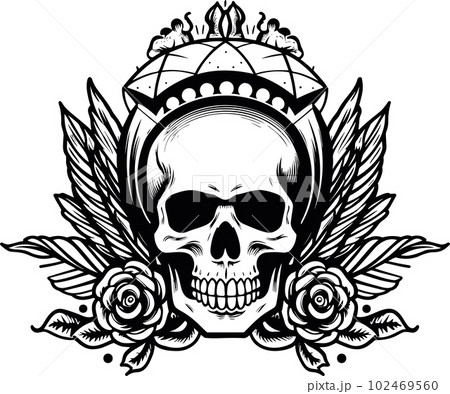 skull,rose and wings day of the dead icon in black and white 102469560