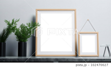 Mockup of picture frame decorated with spring flowers clean space for text on white background 102470027