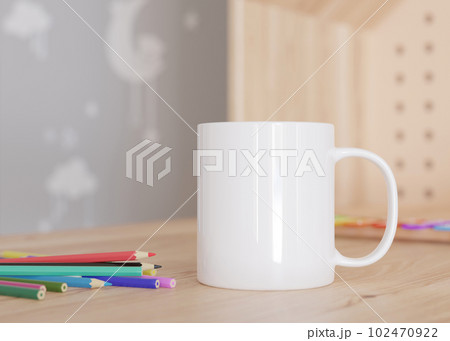 White kids mug mock up. Blank template for your design, advertising, logo. Close-up view. Copy space. Cup standing in children room. Playful cup mockup. 3D rendering. 102470922