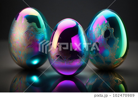 Holographic Easter eggs. Vibrant, iridescent colors. Happy Easter Day. Trendy design. Generative AI. 102470989