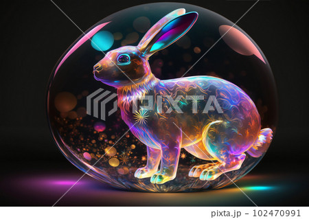 Holographic Easter rabbit. Iridescent bunny. Happy Easter Day. Trendy design. Neon colors. Generative AI. 102470991