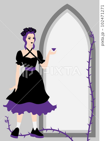 Greeting card in gothic style. Girl in dark dress. Illustration or background for holiday and party. 102471271