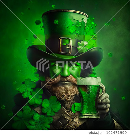 Stylish brutal leprechaun with a mug of beer on St. Patrick's Day. Generative Ai 102471990