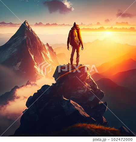The traveler stands on the top of the mountain and looks at the sunrise. 102472000