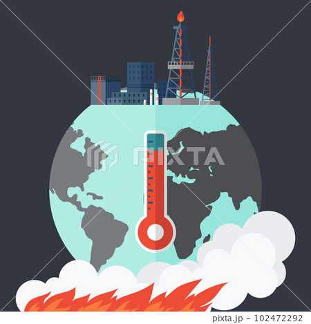 Oil derrick. Pump jack stands on top of planet earth. Petroleum-producing, oil refinery equipment 102472292