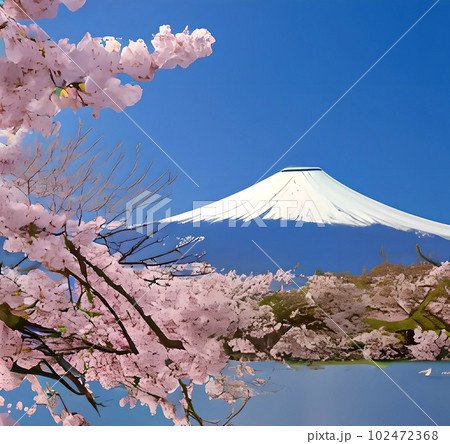 Spring sakura blossom, pagoda against the backdrop of Mount Fuji, landscape. The illustration was created by AI.. 102472368