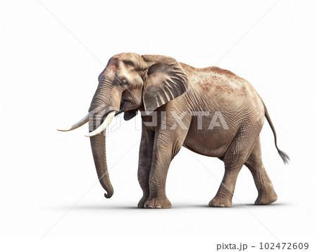 Generative IA illustration of a adult male elefant isolated on white Generative IA illustration of a adult male elefant isolated on white 102472609