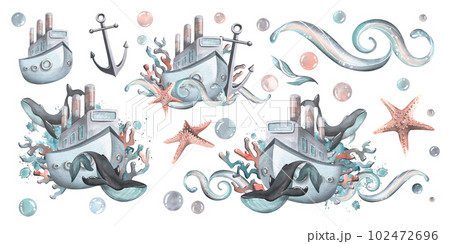 Set of isolated nautical compositions with whales, steamboats and seashells. Watercolor illustration. hand-drawn on a white background. For decoration and design of prints, posters, cards. Set of isolated nautical compositions with whales, steamboats and seashells. Watercolor illustration. hand-drawn on a white background. For decoration and design of prints, posters, cards. 102472696