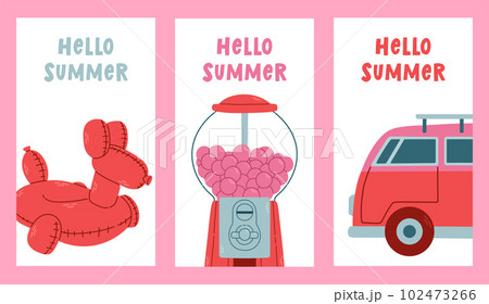 Summer time vector poster set. Hello summer text collection with elements for tropical holiday vacation. Summer time vector poster set. Hello summer text collection with elements for tropical holiday vacation. 102473266