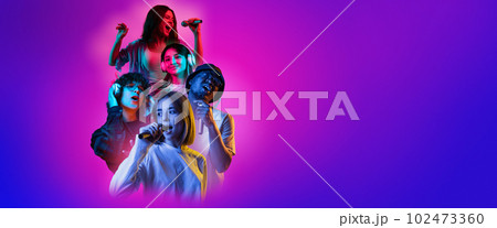 Collage made of different young people, men and women listening to music in headphones singing in microphone against gradient background in neon 102473360