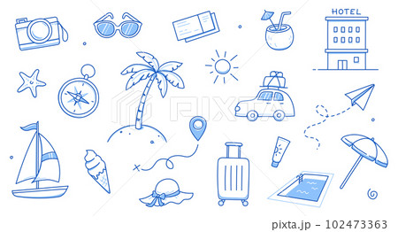 Summer travel vacation drawn set. Hand drawn sketch doodle style summer trip, vacation background. Sun, travel bag, beach tent doodle element. Funny tourism Summer travel vacation drawn set. Hand drawn sketch doodle style summer trip, vacation background. Sun, travel bag, beach tent doodle element. Funny tourism 102473363