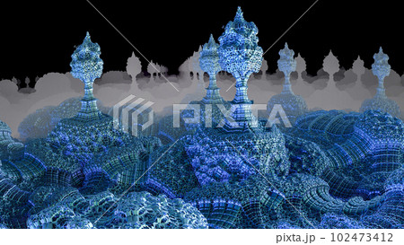 3D Illustration of a Beautiful Fractal landscape. Abstract Computer generated Fractal design. View from other planet 3D Illustration of a Beautiful Fractal landscape. Abstract Computer generated Fractal design. View from other planet 102473412
