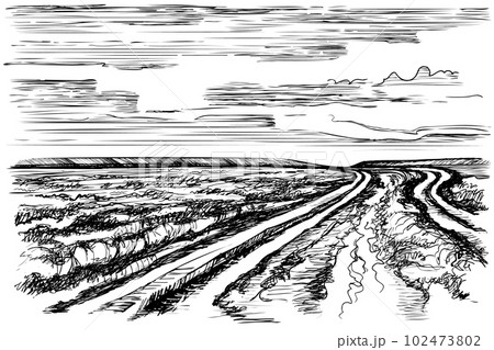 Simple hand-drawn vector drawing in black outline. Rural landscape, steppe road, farm fields, grass, bushes and trees on the horizon. Nature, summer. Ink sketch. Simple hand-drawn vector drawing in black outline. Rural landscape, steppe road, farm fields, grass, bushes and trees on the horizon. Nature, summer. Ink sketch. 102473802