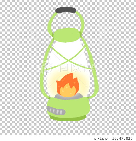 Hand-drawn Cute green camping lantern, lamp, fire, Camping character design in doodle style 102473820