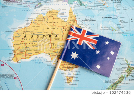 Bangkok, Thailand February 7, 2022, Australia flag on world map background. Bangkok, Thailand February 7, 2022, Australia flag on world map background. 102474536