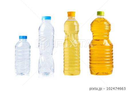 Vegetable oil and water bottle in different bottle for cook and drink isolated on white background. 102474663